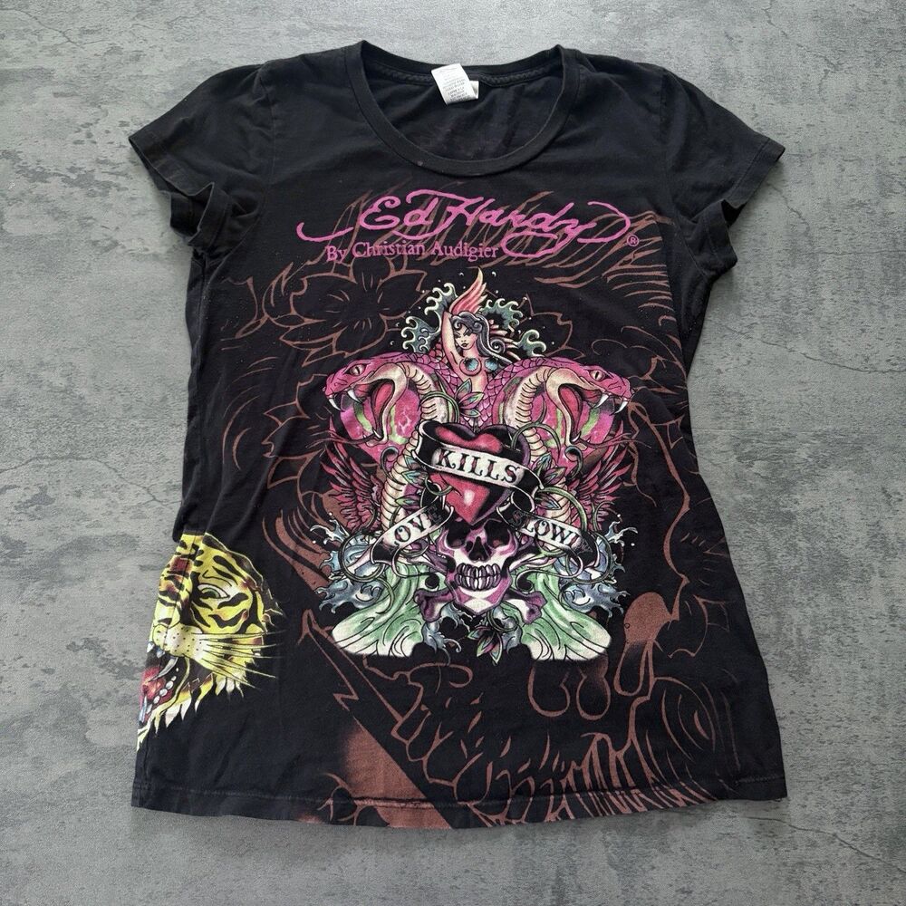 Vintage Y2K Ed Hardy Christian Audigier Black Tee M Tattoo All over Print